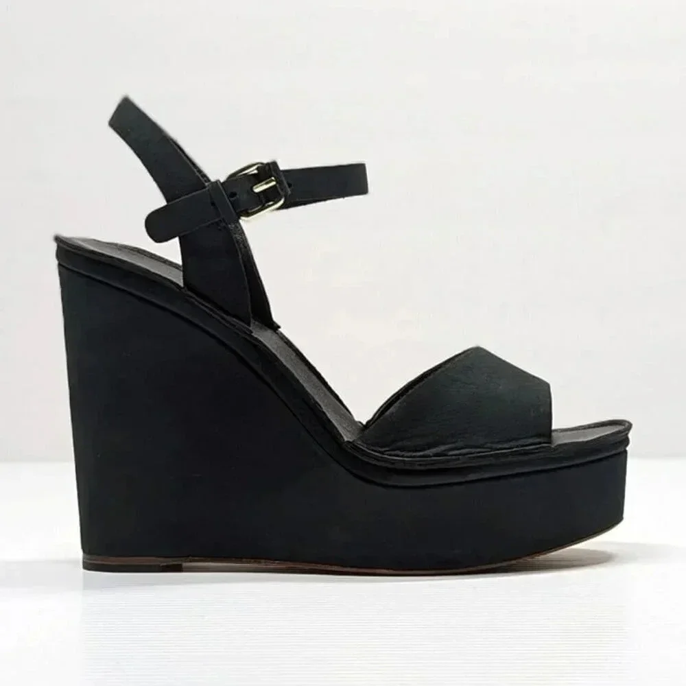 Joie Hindy Women's Platform Wedge Sandal Black Leather Size 8 M (MSRP $298)